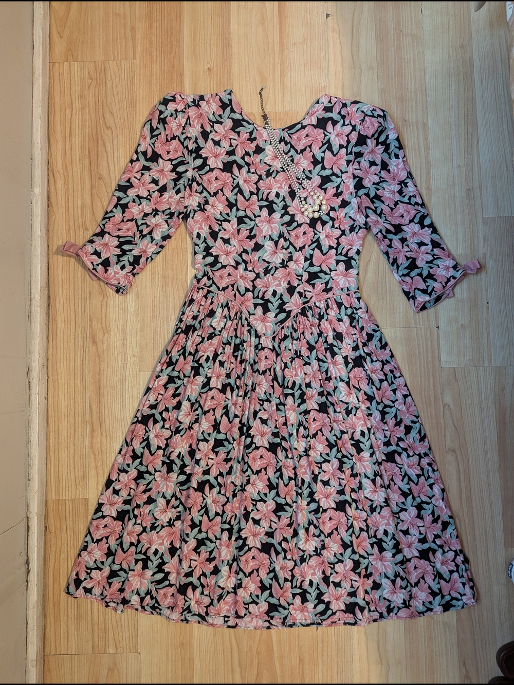 Floral Pink & Black Fit-and-Flare Dress